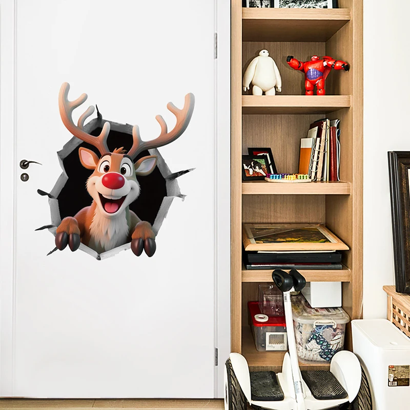 عيد الميلاد الكرتون سانتا كلوز الرنة كسر من خلال الجدار كشف غرفة المرحاض الباب ملصق مقاوم للماء ذاتية اللصق ديكور