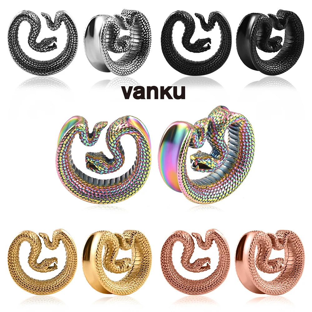 Vanku, 2 uds., tapones para los oídos con sillín de serpiente de acero inoxidable, túneles, tapones para Piercing en la oreja, ensanchadores, joyería para el cuerpo, medidores, túneles, expansores