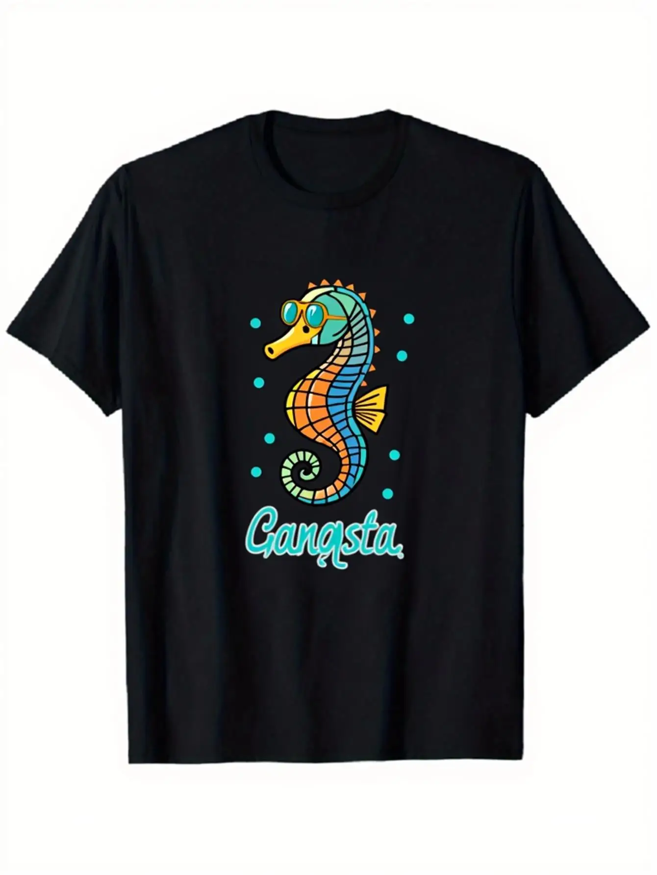 Funny Men's Black Graphic T-Shirt Seahorse Sunglasses Ocean Bubbles Gangsta Slogan Colorful Retro Illustration Print 100% Cotton Heavyweight Short Sleeve Casual Streetwear Tee