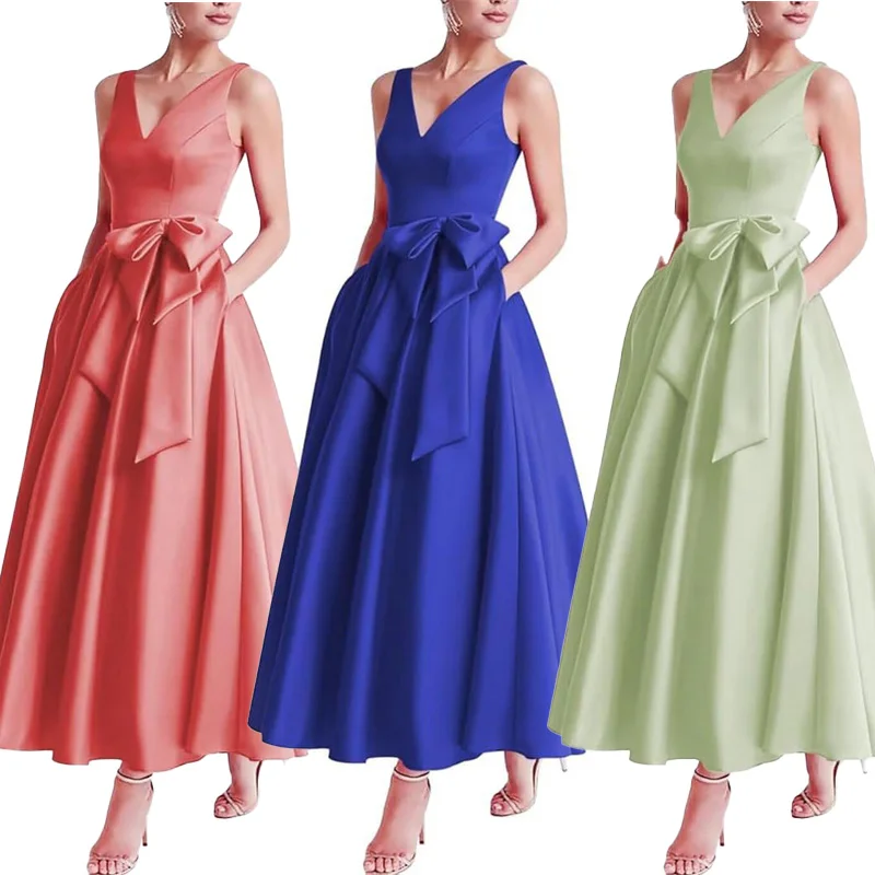 

A Line Satin Bow V Neck Evening Bridesmaid Dresses Wedding Party Formal Prom Birthday Ankle Length Lace Up Back