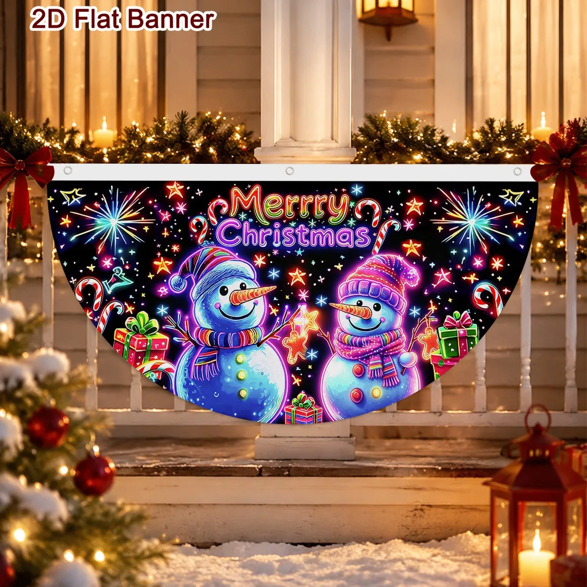 Neon Merry Christmas Fan-Shaped Flag Snowman Print Bunting Flag 90*48cm Polyester Fan Flag Christmas Decorations Festive Gift
