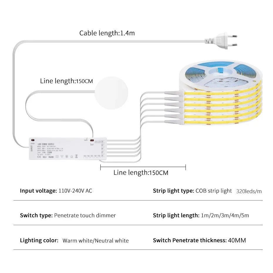 DC24V COB-Leuchte mit Touch-Sensor-Kit, 100W zentralisierte Stromversorgung, kann 40MM Holz und nichtleitende Materialien durchdringen, Touch-Schalter – Detail 2