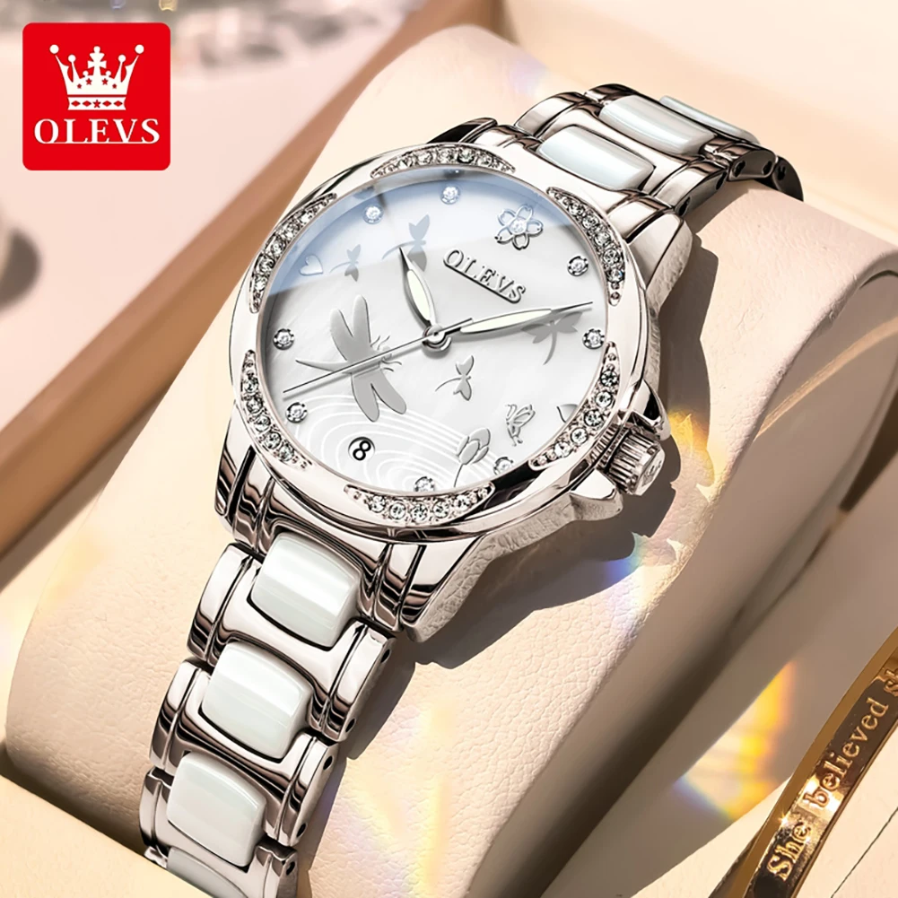 

Новые роскошные керамические механические часы OLEVS для женщин, водонепроницаемые, светящиеся, с календарем, модный циферблат с бабочками, женские часы
