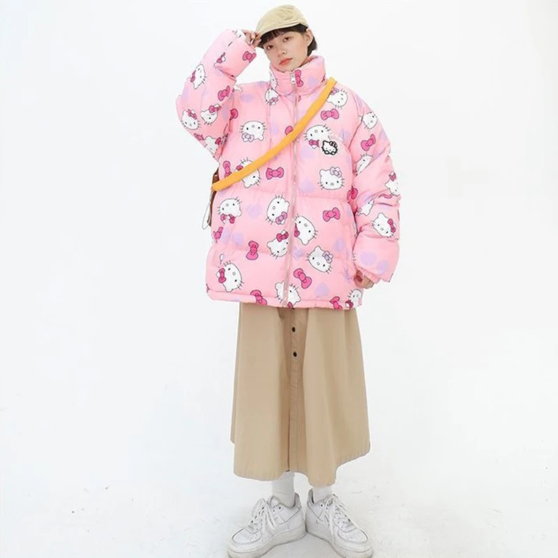 Fun Cartoon Hello Kitty Stand-Up Collar Cotton Coat Sanrioed Christmas Winter Style Girl Loose Kawaii Thickened Warm Jacket