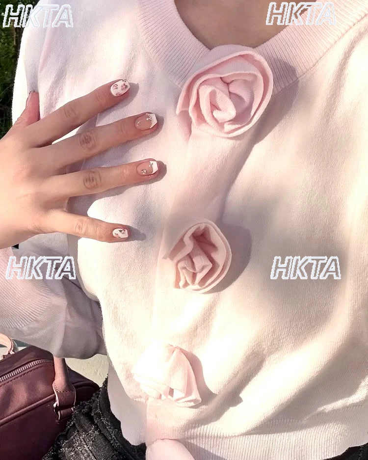 

Japanese Soft Thin Long-sleeved Sweater Jacket Women 2025 Autumn New Crew Neck Knitted Cardigan 3D Handmade Rose Short Sweater