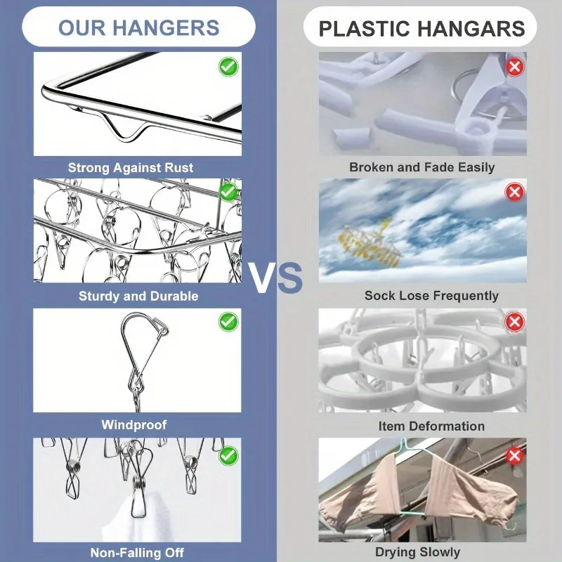 Stainless Steel Windproof Clips Clothespin Laundry Hanger Clothesline Sock Towel Bra Drying Rack Clothes Peg Hook  With 30 Pegs