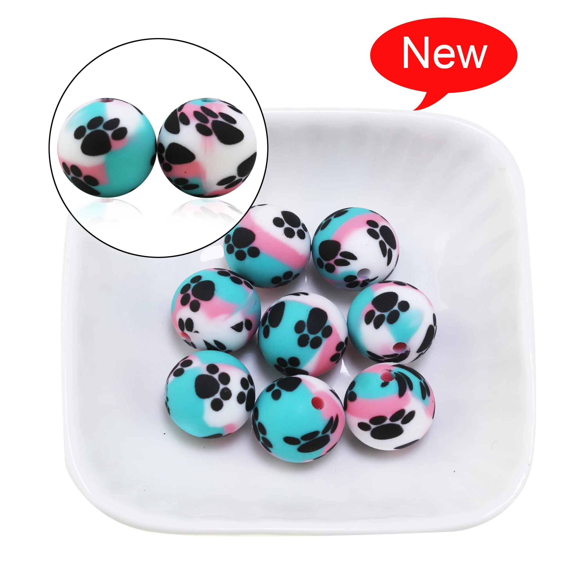 10pcs New Design Rainbow Swirl Branding Print Silicone Beads 14MM Paw Black Cow dot Pearl For Jewelry Necklaces Pen Beaded