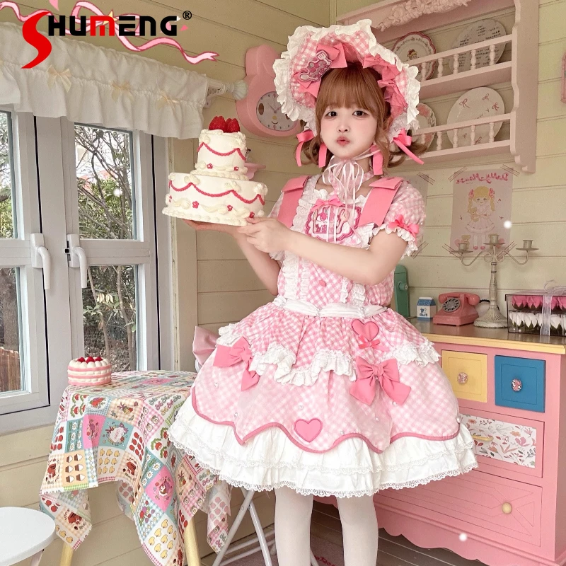 

Original Sweet Girls Lolita Princess Dresses Op Women's Sweet Bow Short Sleeve Plaid Short A-line Dresses Cos Party Birthday