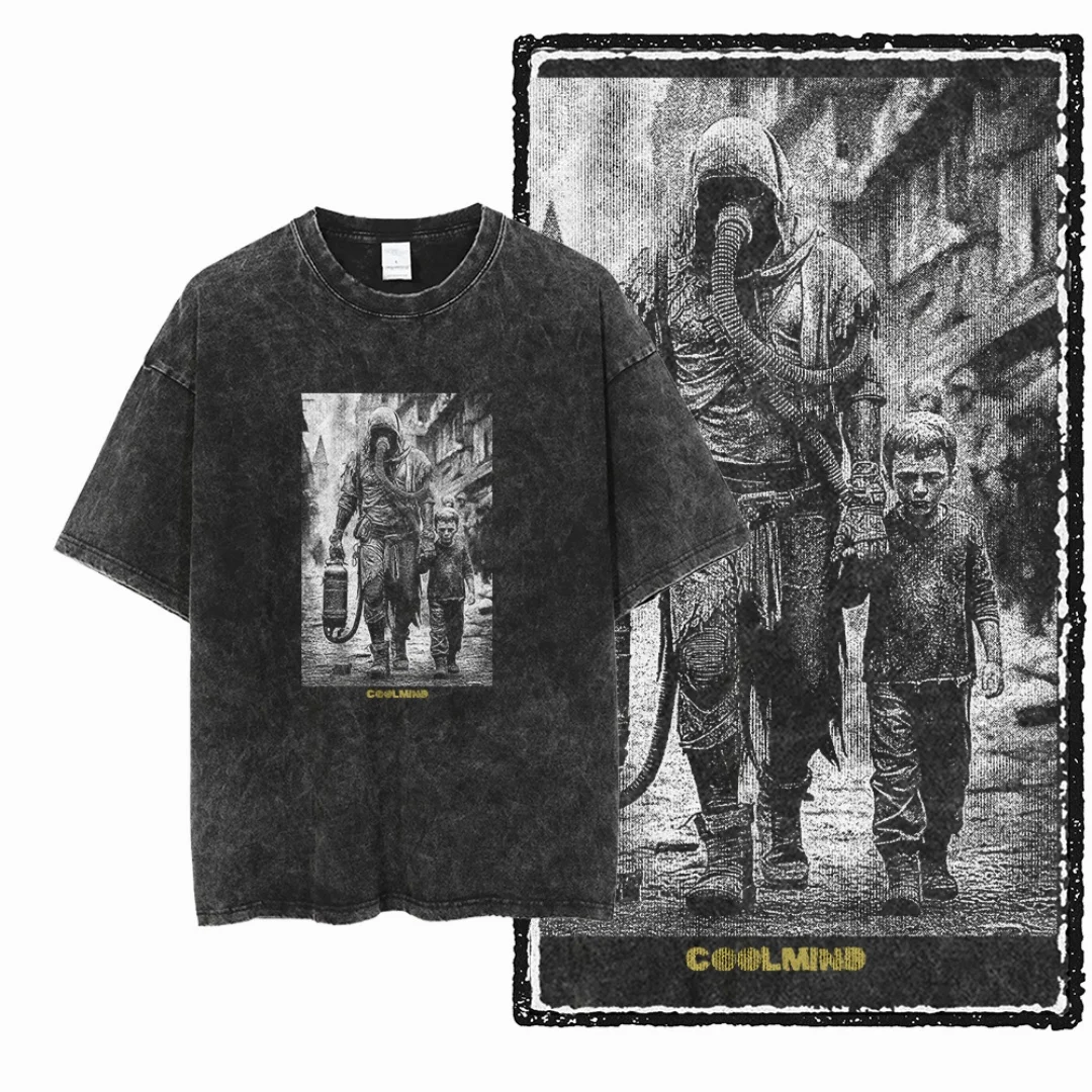 

Vintage Washed Gas Mask Suit & Kid Graphic COOLMIND Men T Shirt Oversized Black T-Shirt Worn-in Casual Streetwear Tee Shirt