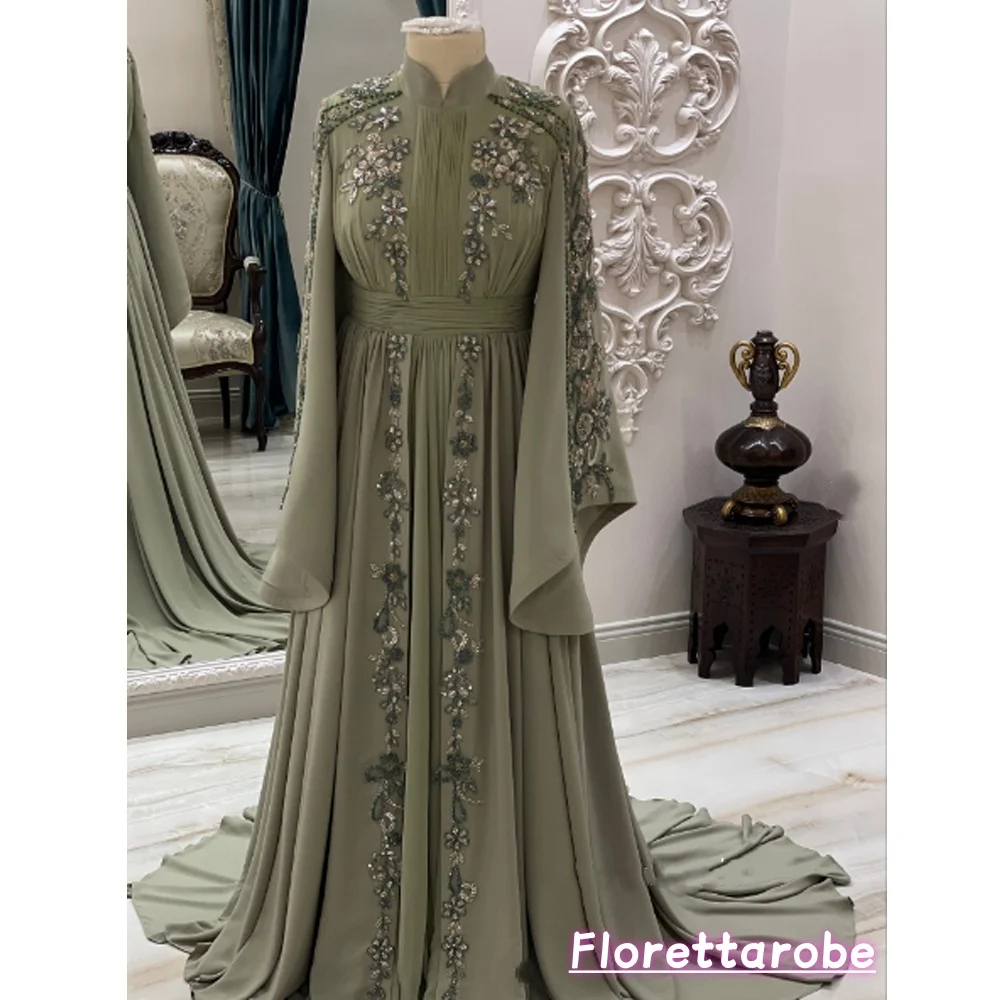 Florettarobe Moroccan Kaftan Muslim Evening Dress A-line Long Sleeves Chiffon Applique Dubai Arabic Abaya Islamic Customized