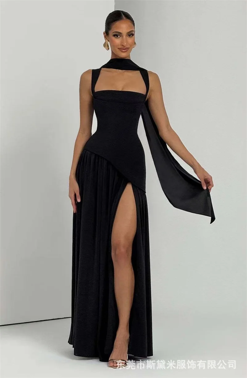 

Black Scarf Prom Dress Sexy Stripe Sleeveless Lace Up Back Long Split Party Gown Formal Wedding Guest Birthday Evening Robe