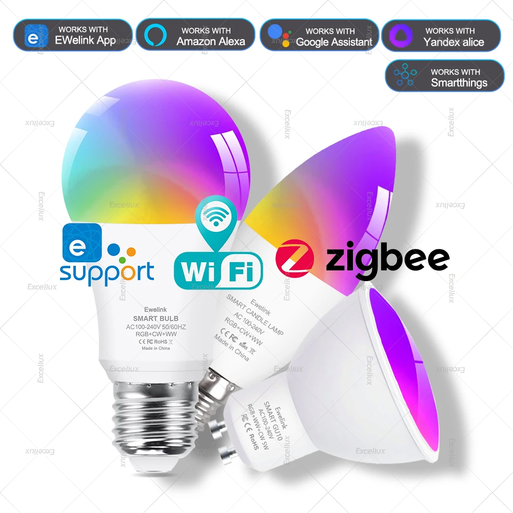 WiFi Zigbee Smart LED Light Bulb E27 E14 GU10 Dimmable RGBCW LED Lamp For Ewelink APP Alexa Google Home Yandex Alice Smartthings