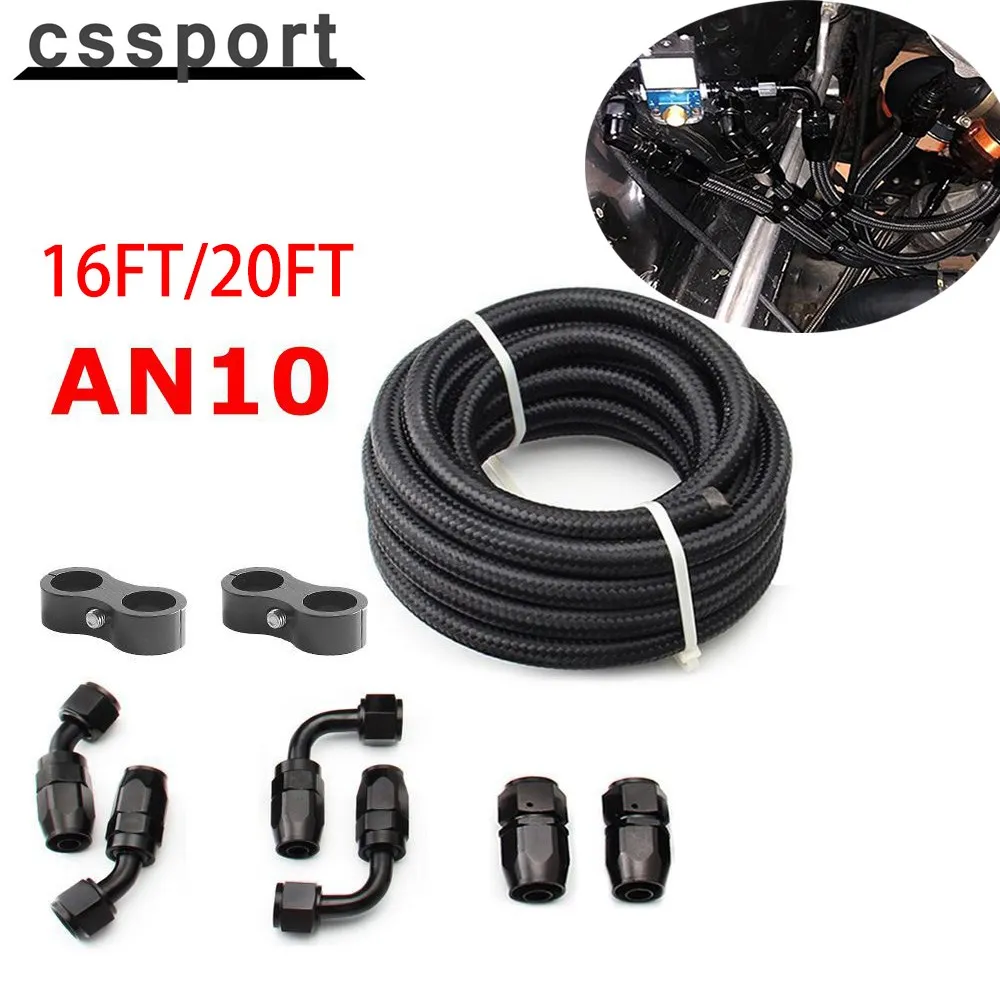 16FT/20FT 10AN AN10 Oil Fuel Fittings Hose End 0+45+90 Degree Oil Adaptor Kit Braided Oil Fuel Hose Line 5M 6M Black With Clamps