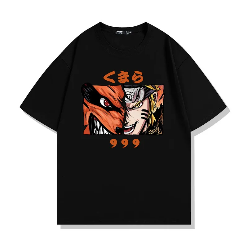 Naruto Uzumaki Kurama Split Face Anime T-Shirt für Männer und Frauen, 9 Tails Kyuubi Graphic Casual Oversized Streetwear Schwarzes T-Shirt – Detail 2