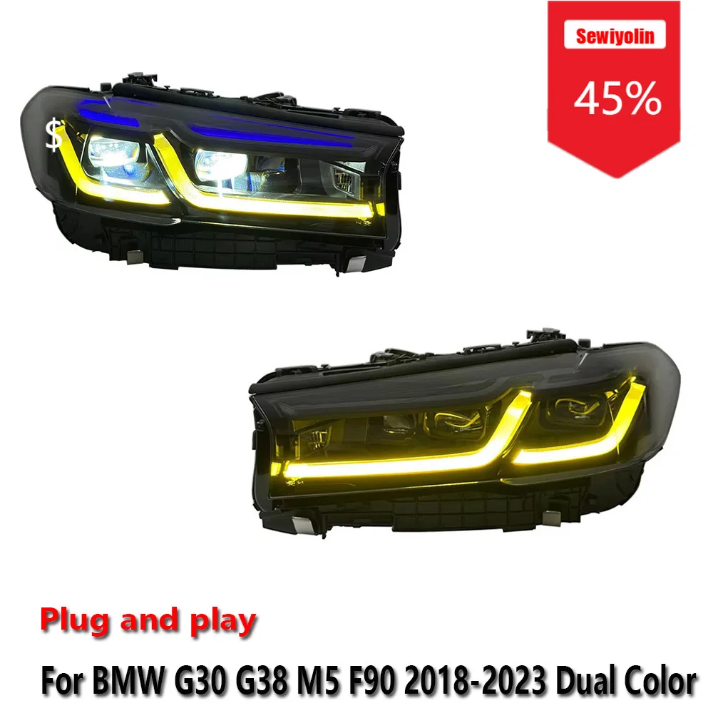 

Автомобильные светодиодные фары Sewiyolin в сборе для BMW G30 G38 M5 F90 2018-2023, двухцветные противотуманные фары DRL, стоп-сигналы поворота Plug and Play