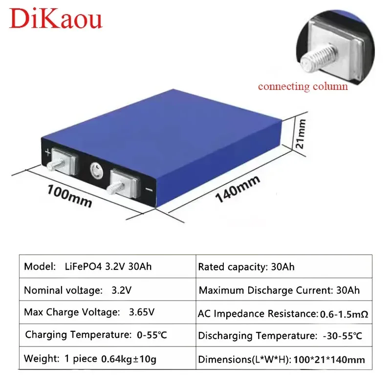 LiFePO4 Battery 3.2V 30Ah Lithium Iron Phosphate Suitable for DIY12V24V36V48V Motorcycle Electric Vehicle Solar UPS Power Supply