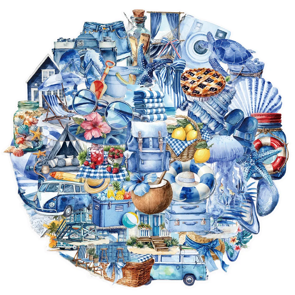 50PCS Summer Beach Blue Fun Stickers DIY Handmade Materials Phone Case Laptop Luggage Bottle Stickers