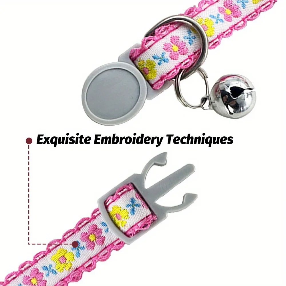 Exquisite Floral Embroidered Cat Collars, Adjustable And Durable Pet Collars, Cat Supplies, Cute Cat Collar With Bell   Perfect