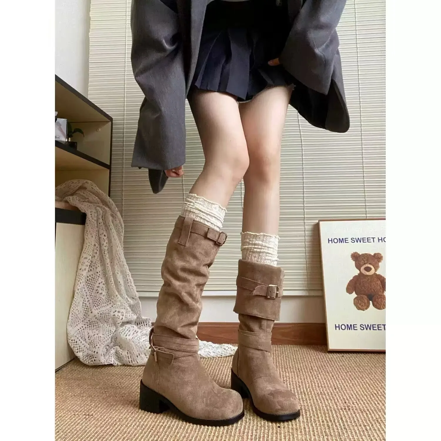 

Women's Western Cowboy Boots with Folded Collar | Slip On Knee High Boots | Platform Thick Heel for Autumn Winter