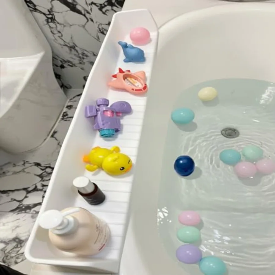 

31.5" Bathtub Splash Guard for and Toddlers - Silicone Play Shelf and Toy Storage Tray with Strong Suction Cups to Prevent Wate