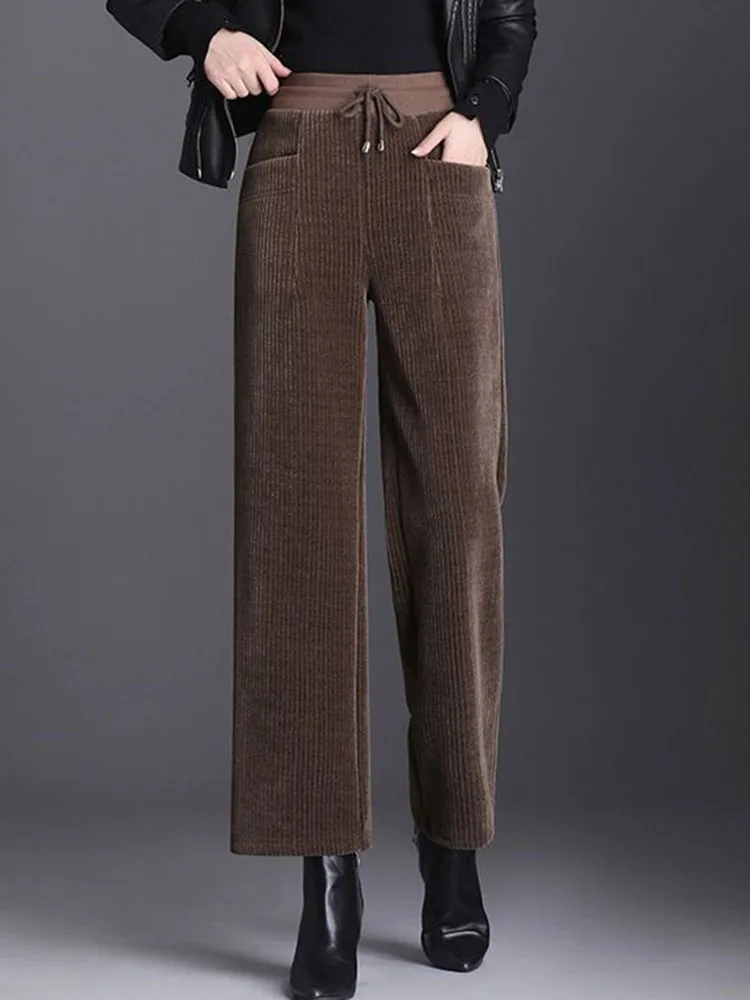 Snow Wear Loose Straight Pants Winter Warm Elastic High Waist Velvet Lined Wide Leg Pantalones Casual Thicken Ankle Length Calca