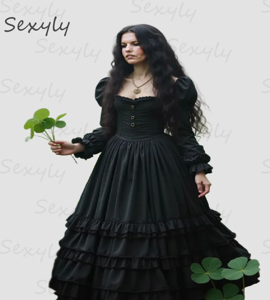 

Witch Black Gothic Wedding Dress With Long Sleeve Tiered Ruffles A Line Renaissance Civil War Bridal Dress 2025 CelticCustomized