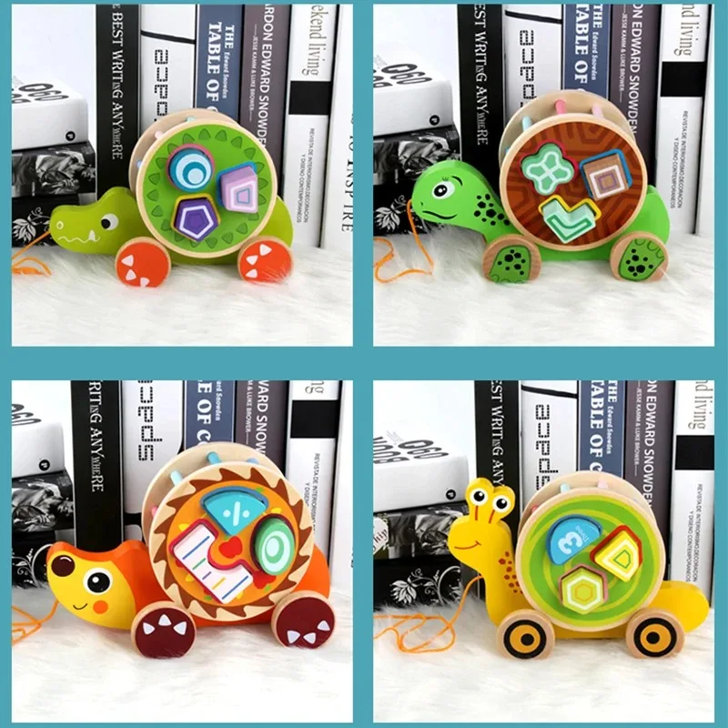 

Wooden Pull Along Block Hedgehog Crocodile Snails Tortoise Fox Animal Pulling Car Baby Color Number Cognition Matching Game Toy