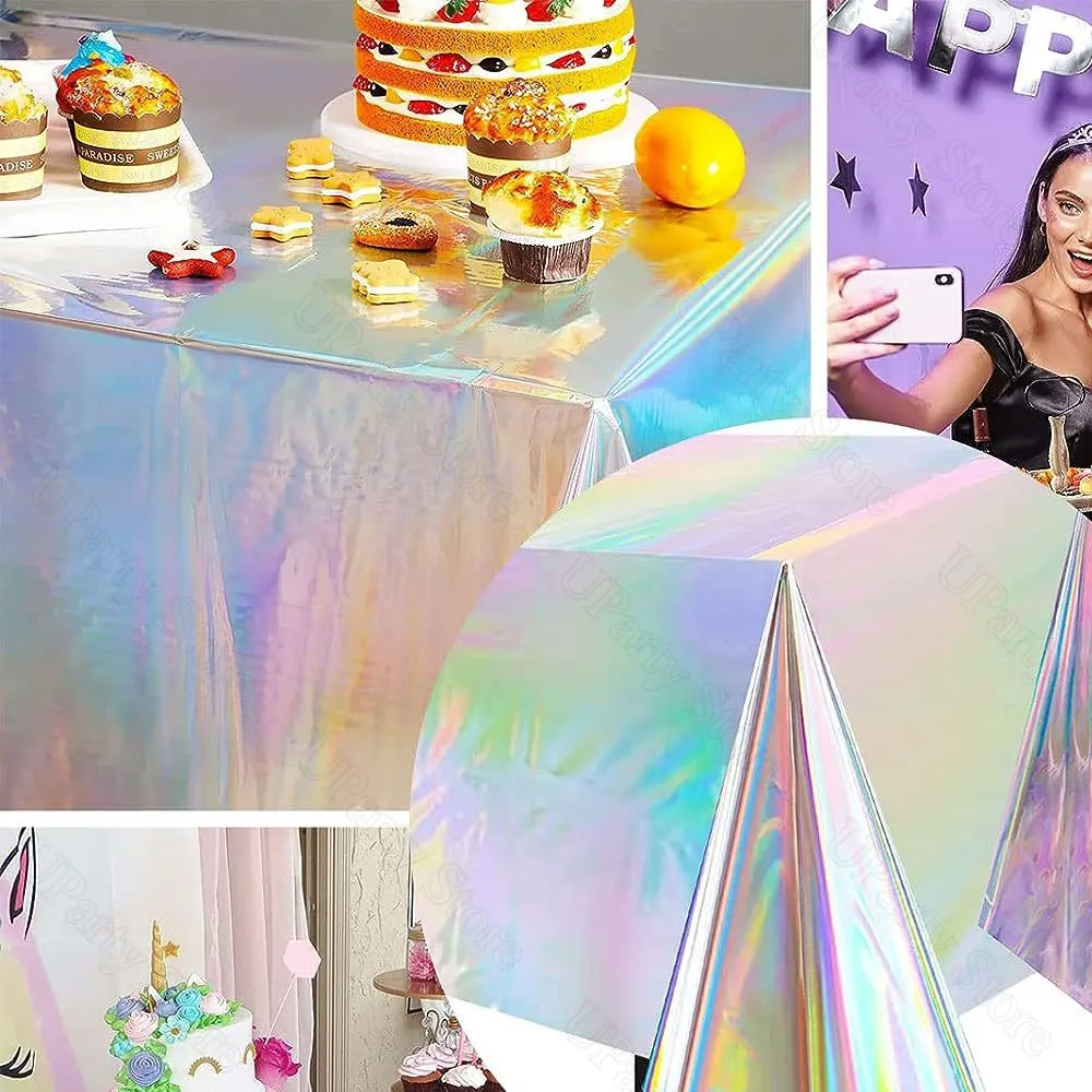 Iridescent Tableclothes Shiny Gold Hot Pink Laser Silver Disposable Holographic Table Cover for Christmas Birthday Party Decor