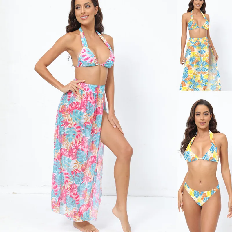 Maillot de bain deux pièces imprimé en maille pour nouvel an, ensemble trois pièces, Sexy, plage, avec jupe fendue,OM20