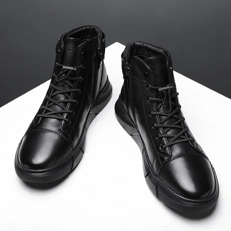 2024 Otoño Invierno moda botines de hombre de cuero PU de alta calidad cómodos zapatos casuales de plataforma de cuero negro