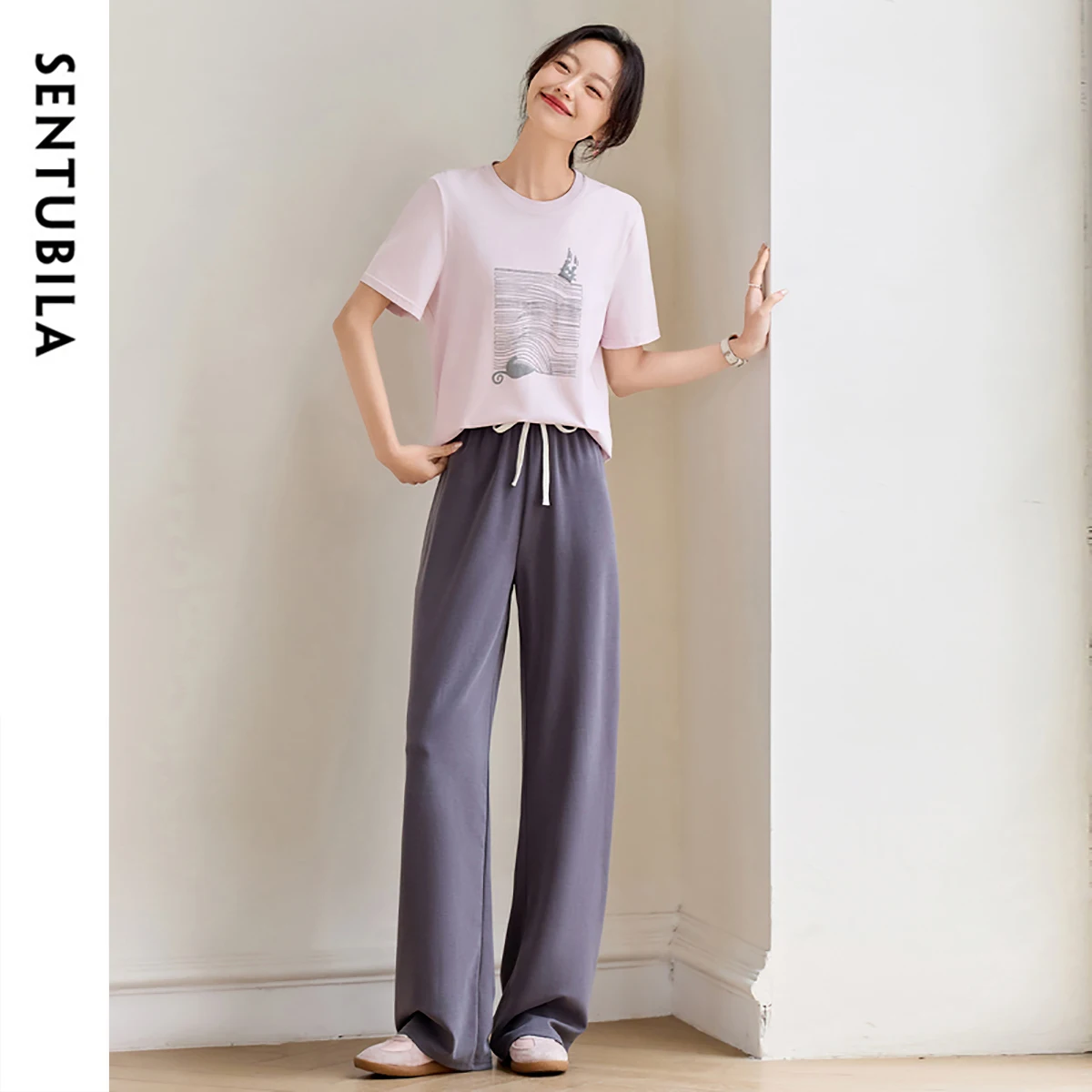 

SENTUBILA 2 Pieces Set For Woman 2025 Summer Short Sleeve Cotton Graphic T Shirts Contrasting Color Wide Leg Pant Sets 752Z87920
