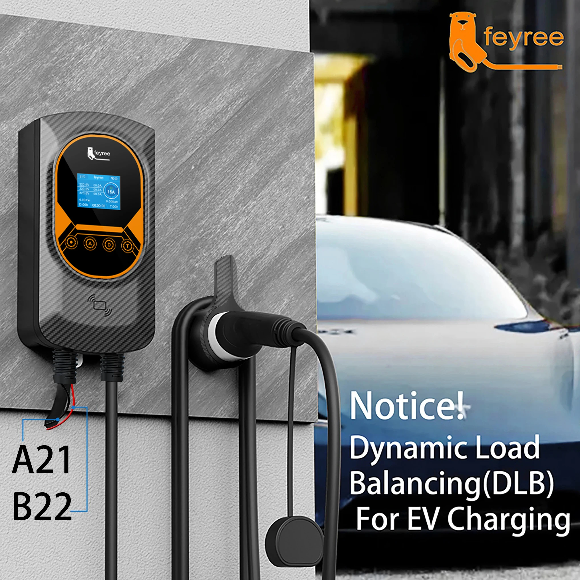 feyree EV Charger Type2 Cable 32A 7.6KW Dynamic Load Blancing EVSE Wallbox APP Function 11KW 22KW Charging Station Electric Car