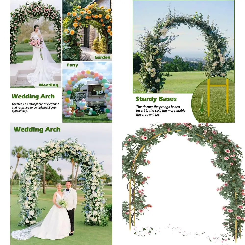 

7-Foot Wide Gold Outdoor Wedding Arch with Ground Bases for Garden Plants and Vines