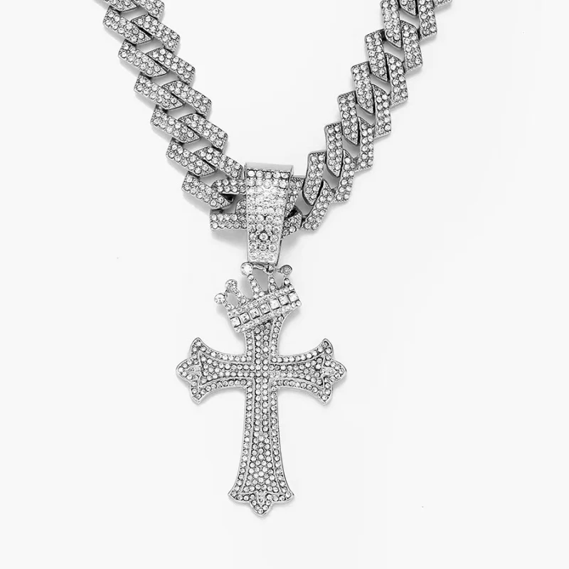 

Full Drill Crown Cross Pendant Necklace, 3A Zirconia Cuban Chain, Eco-Alloy Hip Hop Jewelry for Men Women