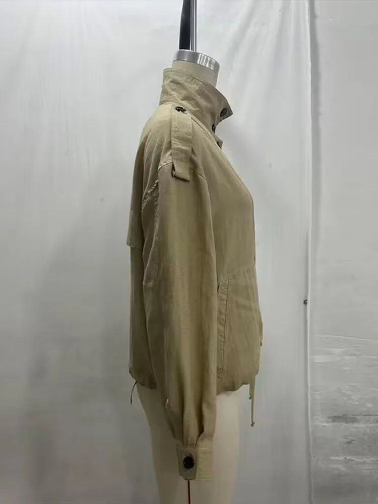 Stehkragen-Knopfjacke mit Kordelzug für Damen, Street-Style mit Epauletten, Langarm, Einreihig, Locker Geschnittene Jacke, Schicke Damenoberbekleidung, Neue Outerwear – Detail 4