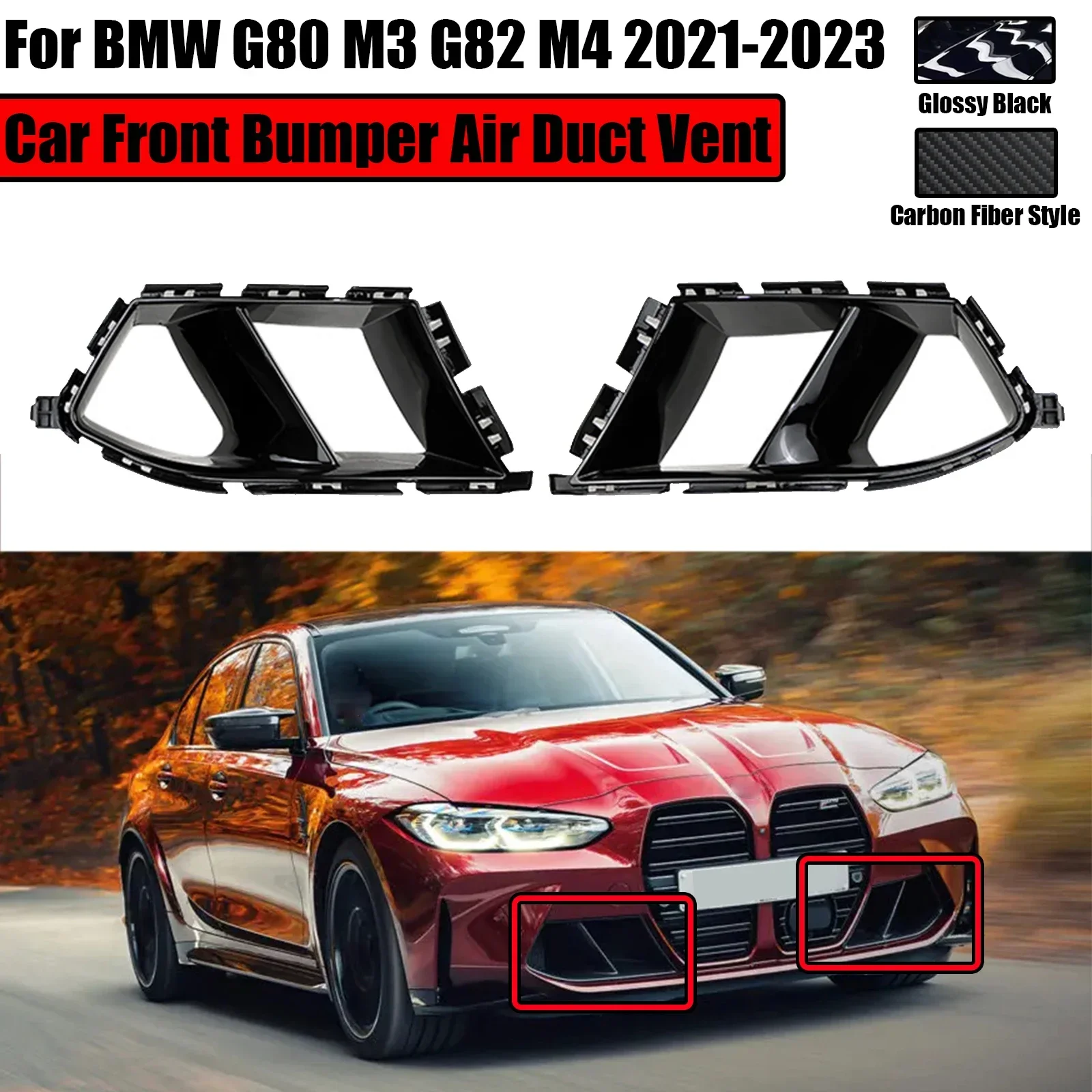 

Car Front Bumper Side Air Vent Cover Fog Light Cover For BMW G80 M3 G82 G83 M4 2021-2024 Glossy Black Carbon Fiber Style 2PCS