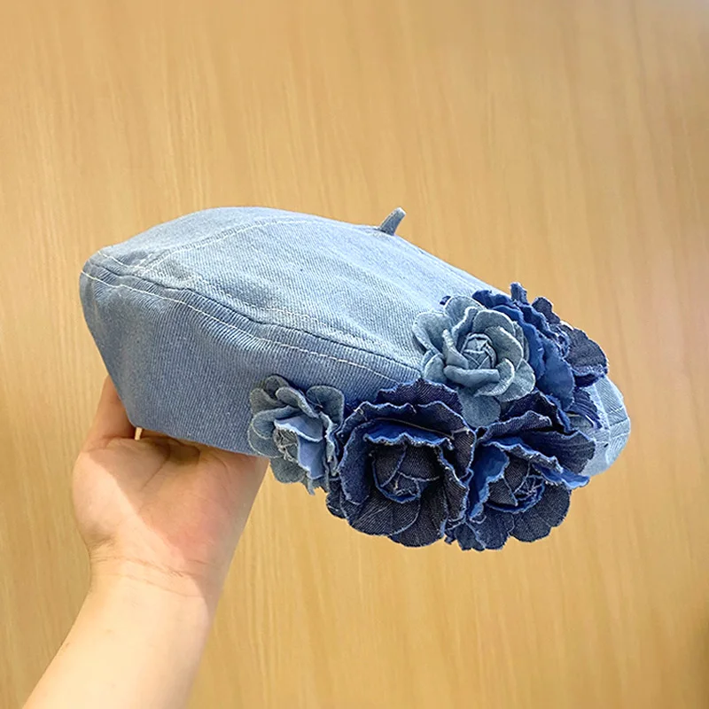 Korean Flower Denim Beret Hats Spring Autumn Female Trendy Women Camellia Painter Caps Casual Cotton Beanie Hats