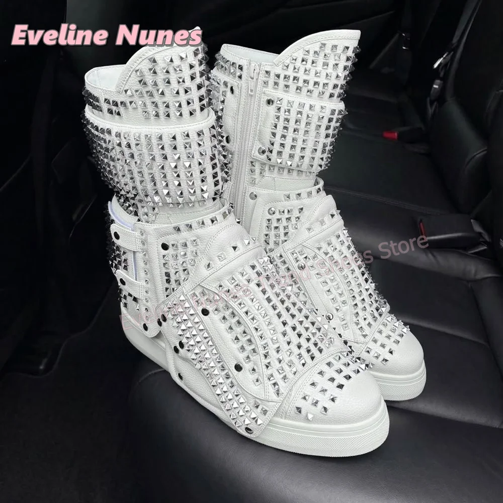 Punk Rock Rivet Studded Ankle Boots Round Toe Thick Sole Hook and Loop High Top Mid Calf Boots Nightclub Street Style Shoes 2026