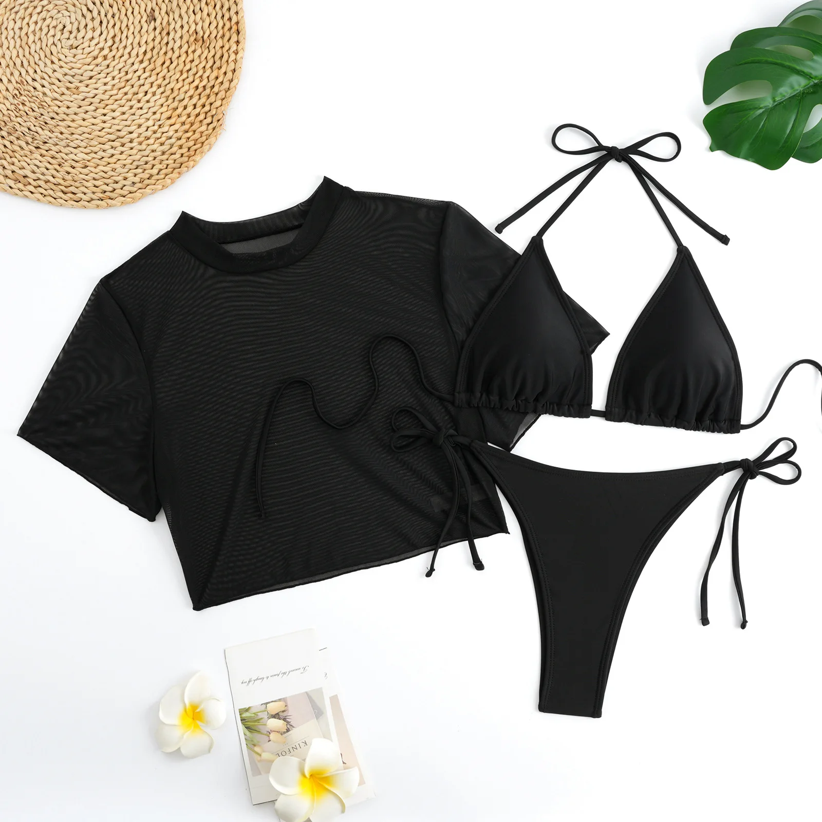 

Женский стильный сексуальный однотонный летний пляжный купальник-бикини из трех частей с бретельками