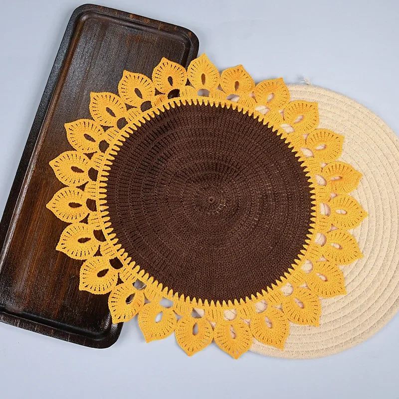 10pcs Cute sunflower imitation woven table mat round embroidered tablecloth milk silk cover towel photo prop embroidery placemat