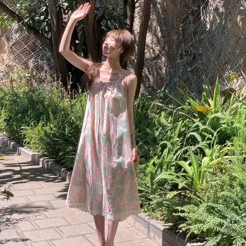 Conjunto feminino verão novo casual flor impresso vestido estilingue + renda borla cobrir camisa conjunto de duas peças para mulher zt433