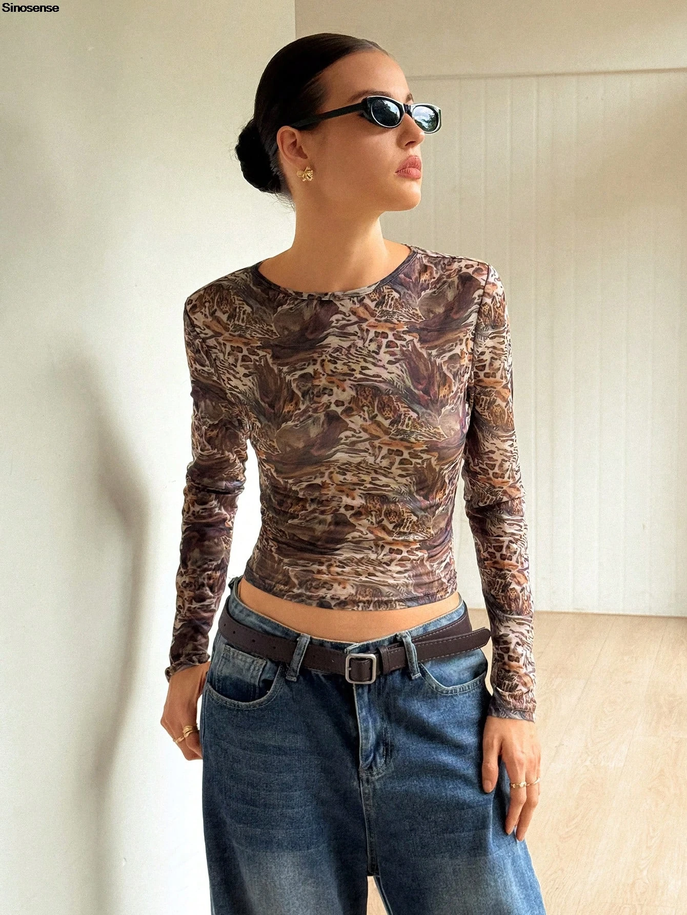 

Womens Leopard Print Long Sleeve Mesh Sheer Tops Sexy Crew Neck Going Out See Through Shirts Y2K Date Night Club Party Blouses
