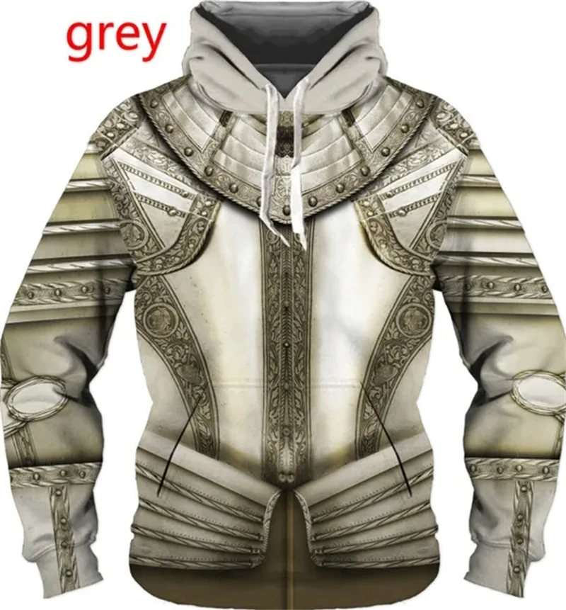 Men\'s Fashion 3D Print Cosplay Pullover Hoodies Retro Style Knight Armor Pattern Hoodies Cool Hooded Sweatshirts Sweatshirt Tops