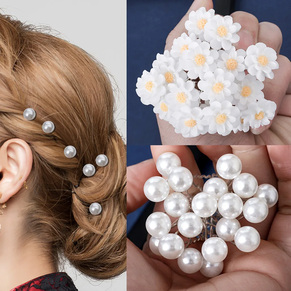 20Pack Women U-shaped Pin Metal Barrette Clip Hairpins Simulated Pearl Bridal Tiara Hair Accessories Wedding Hairstyle Tools
