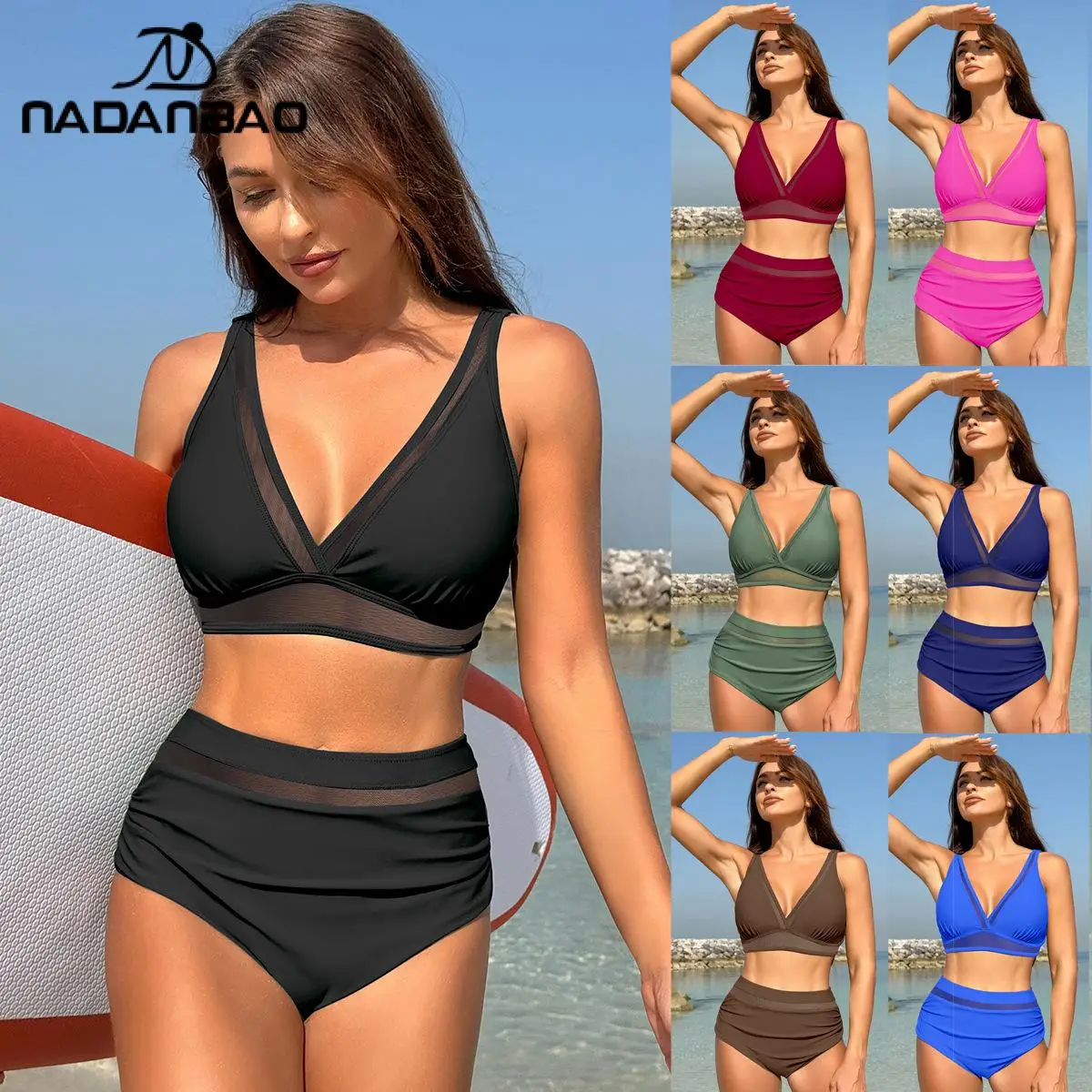 

Nadanbao Sexy High Waist Bikini Sets Solid Color Deep V Neck Two Pieces Bikini Beachwear Women's Swimsuit Pool 2025 Summer