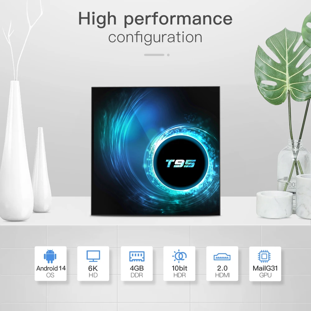 صندوق التلفزيون الذكي Android14 T95 128GB AllwinnerH616 6K مشغل الوسائط المزدوج WiFi 2.4G/5.8G Bluetooth5.4 مشغل الوسائط الصوتي صندوق التلفزيون 2025