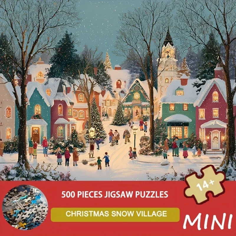 1 Box 500-Piece 15x10 Inches (38x26cm),  Christmas Snow Village Jigsaw Puzzle for Adults, with Storage Box & A4 Poster