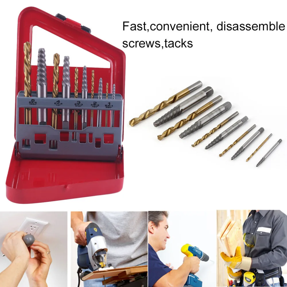 

10pcs Screw Extractor Set with Left Hand Drill Bits and Alloy Steel Extractors for Removing Broken Bolts and Screws