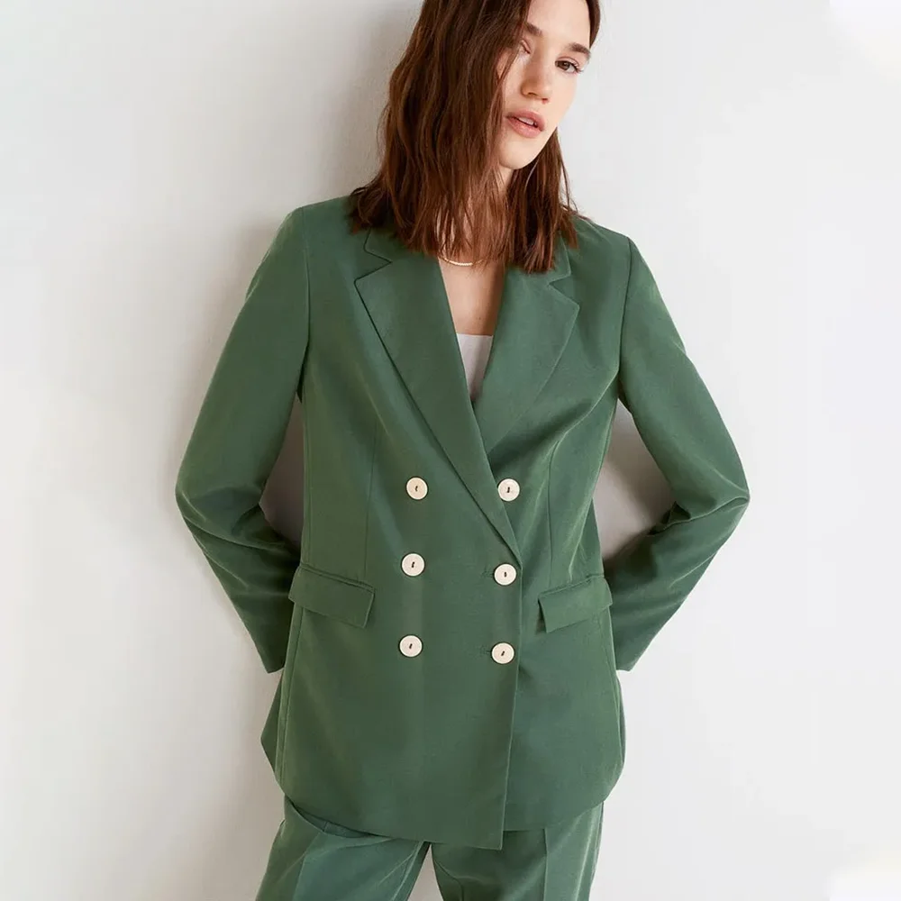 

Women Green Suits 2-Piece Fashion Casual Notch Lapel Double Breasted Solid Color Daily Office Meeting Outfits Blazer Pants