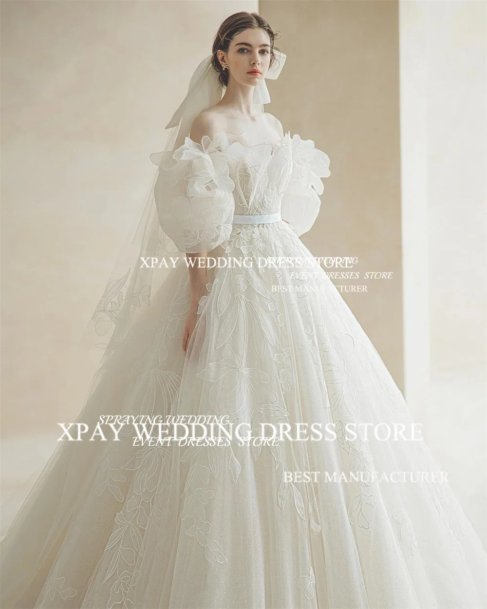 SPRAYING Korea Ball Gown Off The Shoulder A Line Wedding Dresses Photography 3D Lace Appliques Shoot Custom Made Bride Gown